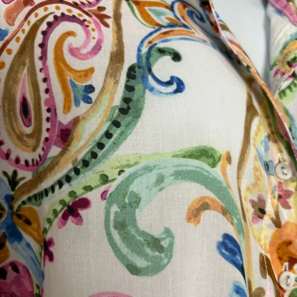 Cino Shirt Womens Colorful Paisley Boho Festival Roll Tab Sleeve Button Up Sz L - Picture 7 of 12